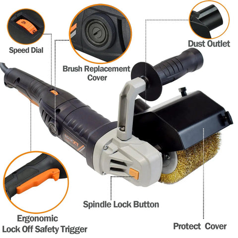 Close-up of Powerful 1300W Burnishing Polishing Machine with steel wire wheel, showing speed dial, dust outlet, spindle lock button.