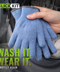 Hand holding blue Ambidextrous ANSI A6 Cut Resistant Gloves For Chefs And Butchers, food safe, in front of a washing machine.
