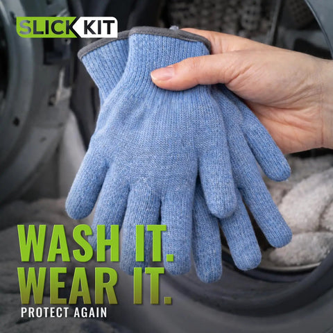 Hand holding blue Ambidextrous ANSI A6 Cut Resistant Gloves For Chefs And Butchers, food safe, in front of a washing machine.