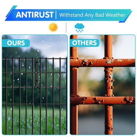 Comparison of No Dig Fence For Dogs And Small Pets 28 Ft Long 17 In High Metal Barrier Panels With 1.2 Inch Gap Guard Rustproof and rusty fence.
