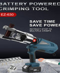 Heavy Duty Rechargeable Hydraulic Plier With 2x4.0Ah Batteries For Electricians 360 Degree Crimping Tool viewed with battery and crimp dies.