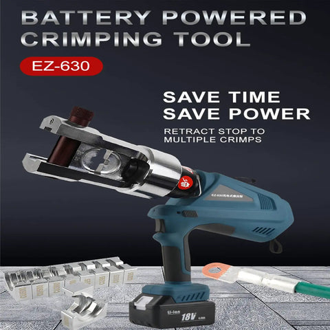 Heavy Duty Rechargeable Hydraulic Plier With 2x4.0Ah Batteries For Electricians 360 Degree Crimping Tool viewed with battery and crimp dies.