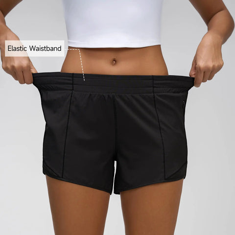 Elastic waistband on Women's Low Rise Running Shorts With Mesh Lined Built-In Liner, Quick Dry Workout Short in black.