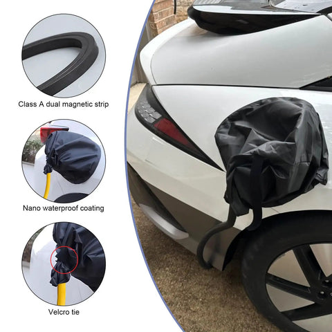 Rock Hard Magnetic EV Charger Port Cover Keeps Your Plugged Rig Dry Through Heavy Downpours And Brutal Sunlight Without Breaking A Sweat And Delivers Foolproof All Season Shielding For Steel Body Electric Models on a white electric vehicle.