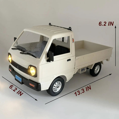 WPL D12 RC Car One To Ten Scale Drift Ready To Run Off Road Crawler with LED lights and proportional steering, side view