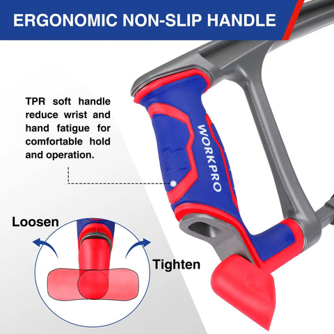 Close-up of ergonomic non-slip TPR handle on 12 Inch Hacksaw With Extra Bi-Metal Blades, Heavy Duty Aluminum Frame, Comfortable Grip