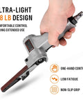 Hella Tough 15 Horsepower Pneumatic Mini Air Belt Sander Generating Badass 18000 Rpm Torque with ultra-light 1.8 lb design.