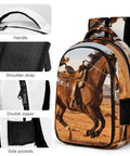 Unisex Western Galloping Horse Printed Backpack showing handle, shoulder strap, double zipper, and side pockets details