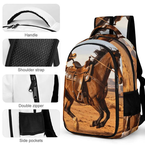 Unisex Western Galloping Horse Printed Backpack showing handle, shoulder strap, double zipper, and side pockets details