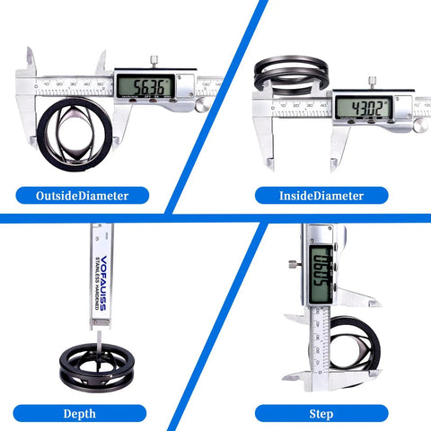 Pro Grade Digital Caliper With Stainless Steel Build, Large LCD Screen, measuring outside diameter, inside diameter, depth, and step.