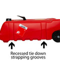 Duramax Flo N Go 14 Gallon Gas Caddy On Wheels With 10 Foot Hose And Portable Fuel Tank Transfer Pump Red 2024 Version side view
