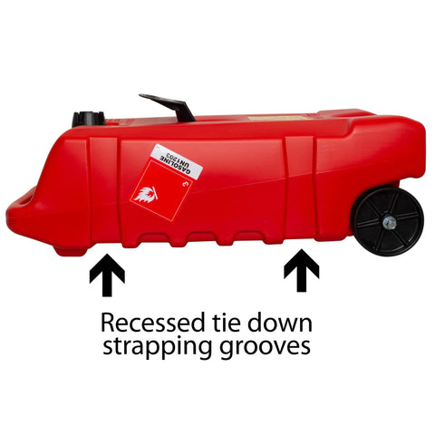 Duramax Flo N Go 14 Gallon Gas Caddy On Wheels With 10 Foot Hose And Portable Fuel Tank Transfer Pump Red 2024 Version side view