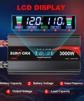 3000W Power Inverter 12V To 120V DC To AC Converter With LCD Remote showing battery voltage and output display.
