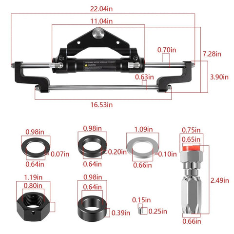Dimensions of Beefy Hydraulic Steering Cylinder For Outboard Boats Up To 300HP with ORB fittings and accessories