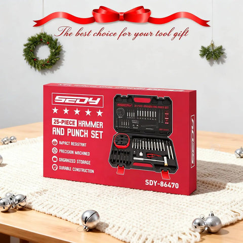 Pin Punch Hammer Set With Bench Block And 25-Piece Punch Kit Pro Grade box displayed on a festive table.