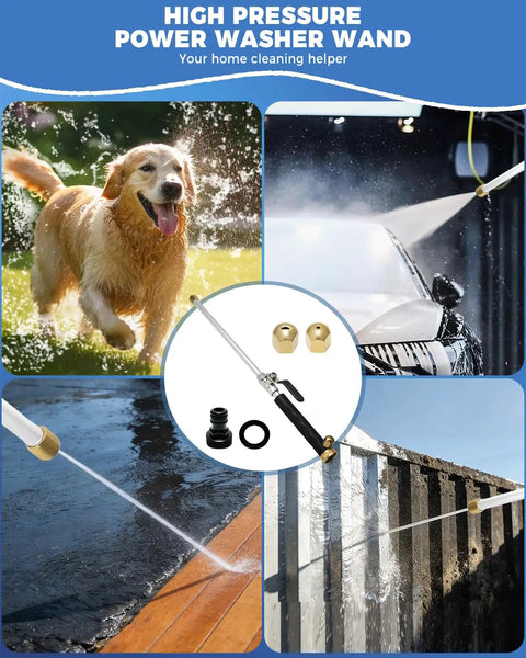 All In One High Pressure Hose Nozzle Kit With Two Nozzles And Quick Connectors For Garden And Patio Cleaning Powerful Jet Wand Attachment For Cars Pets And Windows used for various cleaning tasks shown in montage.