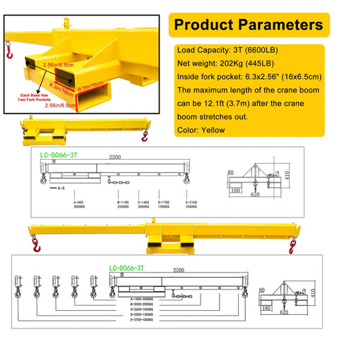 Heavy Duty Workhorse Forklift Jib Boom Hoist 6600 Lb yellow telescopic crane attachment with dual hooks and fork pockets.