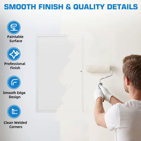 Person painting a Heavy Duty 24 X 24 Metal Access Panel For Drywall Wall And Ceiling Openings Galvanized Steel 1mm Thick White Powder Coat Finish.
