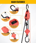 Self Locking Block and Tackle Pulley System With 36 Foot Three Eighths Inch Rope Hands Free Hoist Limit 70 Lbs Tie Down Limit 350 Lbs Rope Hoist Hanger For Bike Kayak Deer Hunting Garage Storage Gear 1 Pack with wide-open hook, safety clip, and nylon shell
