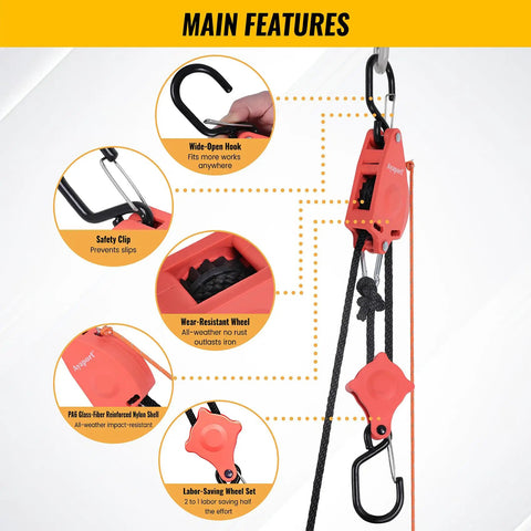 Self Locking Block and Tackle Pulley System With 36 Foot Three Eighths Inch Rope Hands Free Hoist Limit 70 Lbs Tie Down Limit 350 Lbs Rope Hoist Hanger For Bike Kayak Deer Hunting Garage Storage Gear 1 Pack with wide-open hook, safety clip, and nylon shell