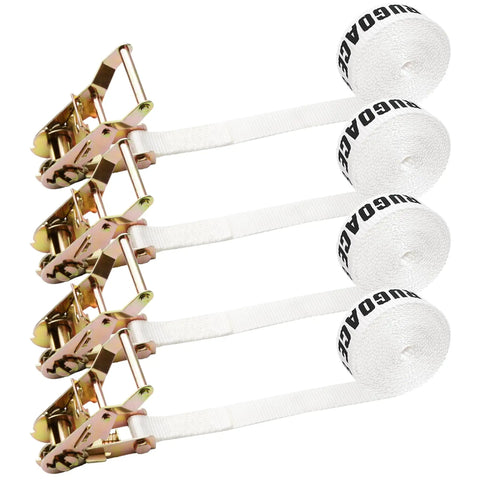4 Pack Heavy Duty 1 Inch By 10 Foot Endless Ratchet Tie Down Straps Locked In Tough For Secure Hauling With 2500 Pounds Breaking Strength And No Slip Grip showing durable straps and ratchets.