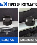 No Sweat Quick Swap Hard Top Fastener Thumb Screws With Reinforced Nut Plates For Ford Bronco Jeep Wrangler Gladiator 8 Piece Hardware Toolkit Off Road two types of installation showing need and not need for nut plate.