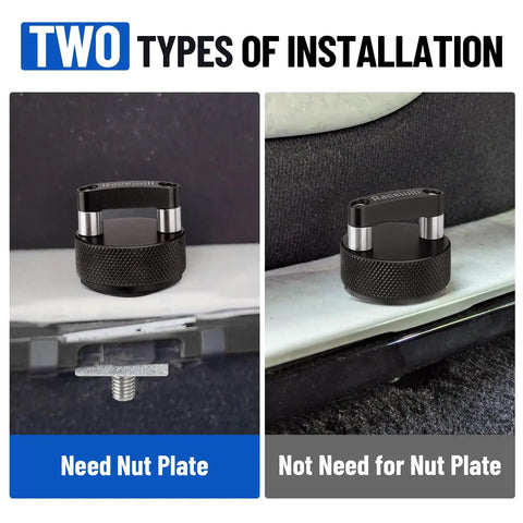 No Sweat Quick Swap Hard Top Fastener Thumb Screws With Reinforced Nut Plates For Ford Bronco Jeep Wrangler Gladiator 8 Piece Hardware Toolkit Off Road two types of installation showing need and not need for nut plate.