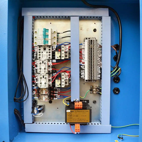 Hardcore Hydraulic Roll Bender Built Like A Tank For Precision Metal Fabrication And Heavy Pipe Rolling With 3HP Motor 220V Three Phase Power For Daily Shop Grind electrical control panel wiring.