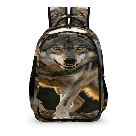 Rock Mountain Grey Wolf Print Unisex Backpack Big Capacity For Everyday Carry And Travel Durable Polyester Build Front View