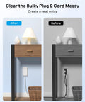 Comparison of flat plug power strip with USB ports and 3 widely spaced outlets showing organized and messy setups, wall mountable.