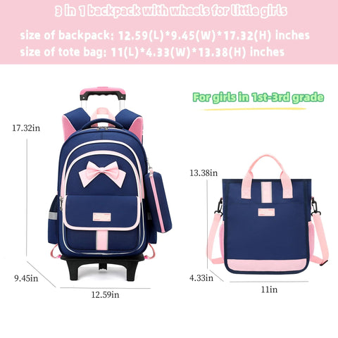 Girls Rolling Backpack Set Three Piece With Bowknot Design Wheels And Lunch Tote Handbag Trolley Bag For Elementary School Use
