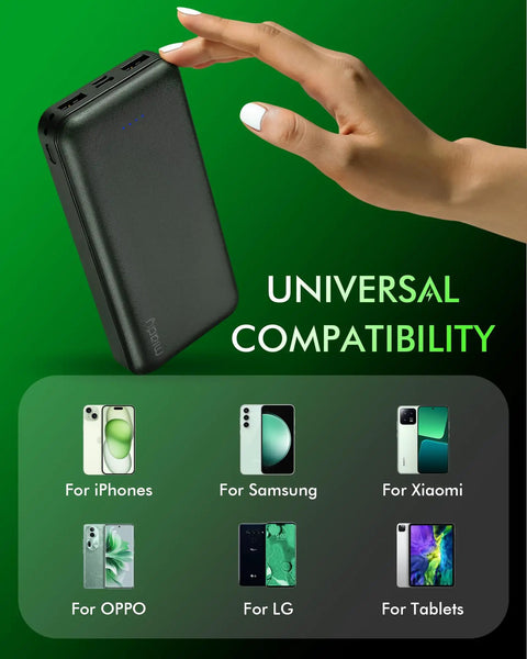 Hand holding Two Pack Portable Charger PD 22.5W Power Bank 20000mAh Fast Charge for phone, tablet, earbuds with universal compatibility.