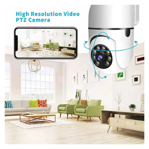 Smooth Running 1080P HD WiFi IP Camera With Badass Video Quality showing mobile app control over camera in a modern living room.