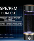 Slick Portable Hydrogen Rich Water Bottle Generator With Rapid Three Minute Electrolysis And Top Shelf Pem Tech on a dark background.