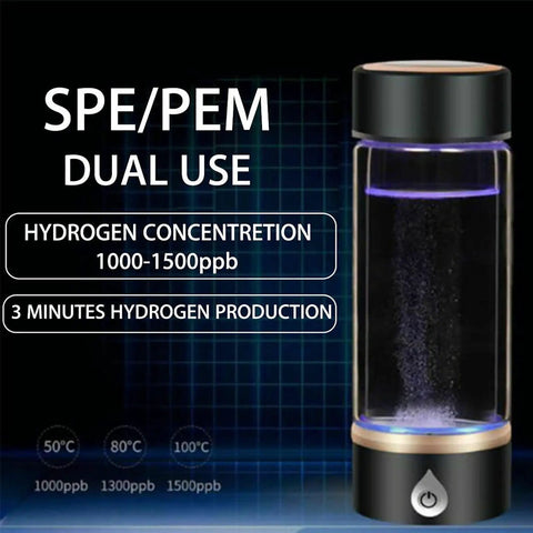 Slick Portable Hydrogen Rich Water Bottle Generator With Rapid Three Minute Electrolysis And Top Shelf Pem Tech on a dark background.