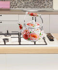 Enamel Steel Tea Kettle Stovetop 2.6 Quart Large Porcelain Enameled Teakettle 2.5L Colorful Floral Design With Ceramic Cool Handle No Whistle Retro Kitchen Decor For Hot Water