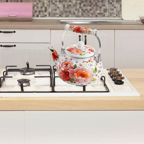 Enamel Steel Tea Kettle Stovetop 2.6 Quart Large Porcelain Enameled Teakettle 2.5L Colorful Floral Design With Ceramic Cool Handle No Whistle Retro Kitchen Decor For Hot Water
