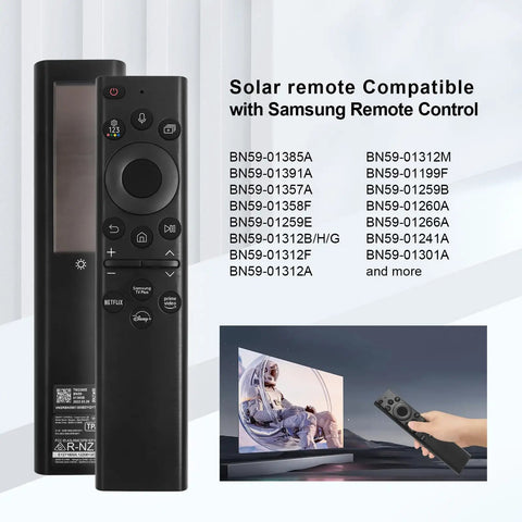 Solar Powered Voice Remote For Smart TVs With Bluetooth Rechargeable Solar Cell Replacement Controller Compatible With Frame Neo LED Ultra HD Series Remotes displayed with Samsung compatibility codes.
