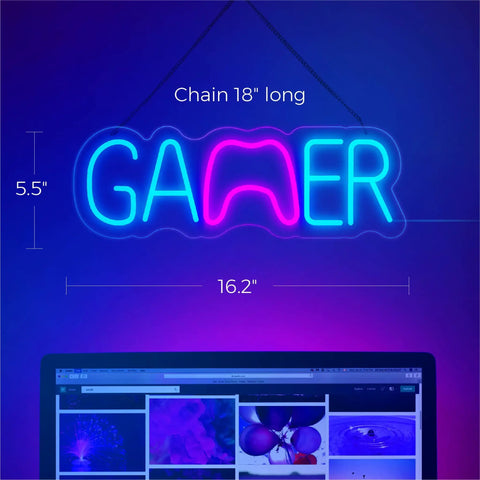 Led Gamer Neon Sign Dimmable With Adjustable Brightness For Game Room Decor Dope Neon Wall Light 16.2 By 5.5 Inches glowing in blue and pink.