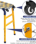 Close-up of Heavy Duty Mobile Steel Work Bench On Wheels With Foldable 55 Inch Pro Grade Tabletop Height Adjustable Welding Table Galvanized Surface 1102 Lb Capacity Portable Shop Workstation For Pros And DIY, highlighting swivel casters and locking pins.