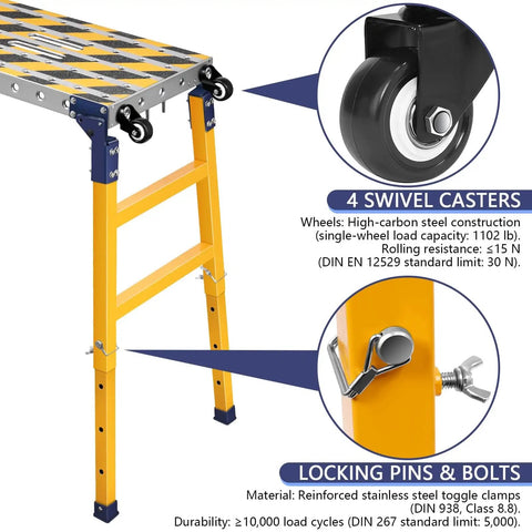 Close-up of Heavy Duty Mobile Steel Work Bench On Wheels With Foldable 55 Inch Pro Grade Tabletop Height Adjustable Welding Table Galvanized Surface 1102 Lb Capacity Portable Shop Workstation For Pros And DIY, highlighting swivel casters and locking pins.