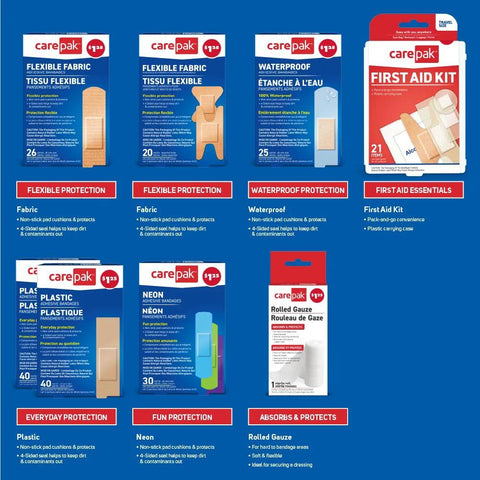 CarePak assorted first-aid kit and bandages; front view shows blue packaging and a red First Aid Kit box