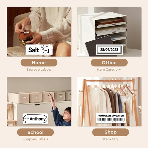 Straight Up Gotta Have This Compact Bluetooth Label Maker, Thermal Printing Means Zero Messy Ink, No Sweat Organization For Shipping And Home Use, Killer Sharp Text In Sleek White Case labels displayed in home, office, school, and shop settings.