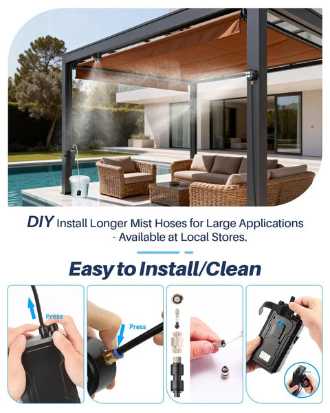 Magnetic Portable Misting System With Rechargeable 6000mAh Pump installed on patio for outdoor cooling