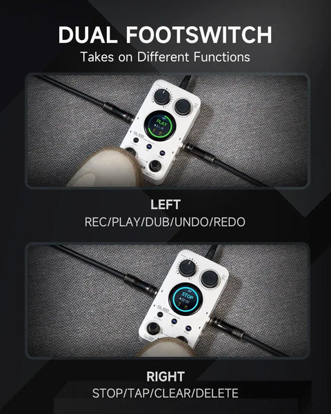 Close-up of All In One Drum Looper And Guitar Pedal with hundred memory slots, dual footswitch functions shown on 1.3 inch touchscreen.