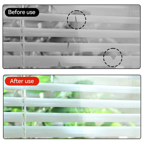 Top Notch 20 Pack White Mini Horizontal Blind Repair Tabs, One Inch Slat Replacement Kit For Vinyl Or Fabric Shade Panels, No Sweat Fix For Worn Blades, Super Simple Weekend Upgrade before and after using repair tabs on blinds.