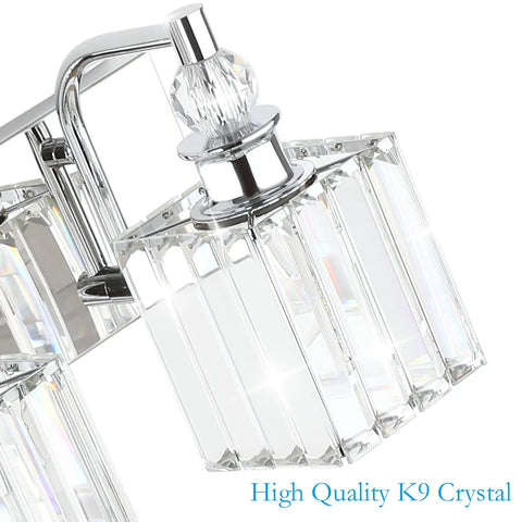 Close-up of Modern Crystal Vanity Light for Bathroom 4 Light Chrome Wall Fixture, showing square K9 crystal shade detail.