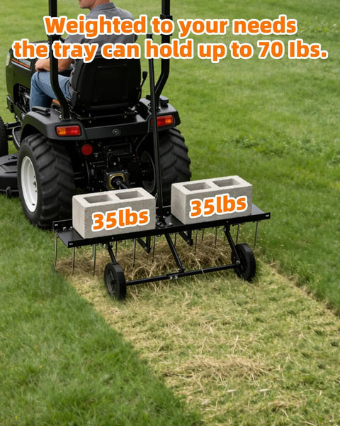 48 Inch Tow Behind Dethatcher With 24 Rustproof Tines And Heavy Duty Tires For Lawn Tractors ATVs UTVs in use on grass