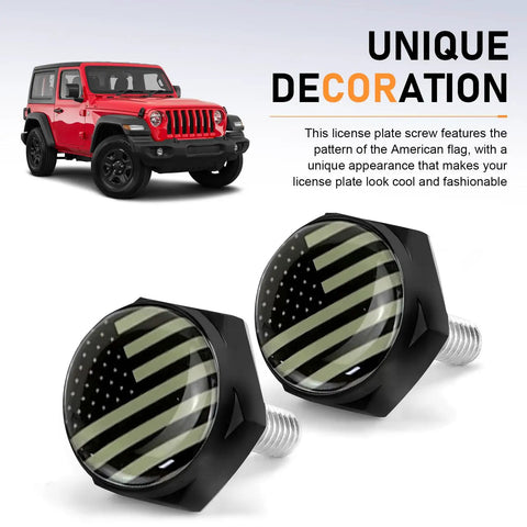4 Piece Patriotic American Flag License Plate Bolt Kit With Hex Nuts Anti Rust Theft Resistant Frame Fasteners Universal Mount For Cars Trucks SUVs Motorcycles Black with flag design and red SUV