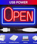 22 Inch LED Neon Open Sign For Storefront Windows with USB power options including socket, battery, laptop, and charger.